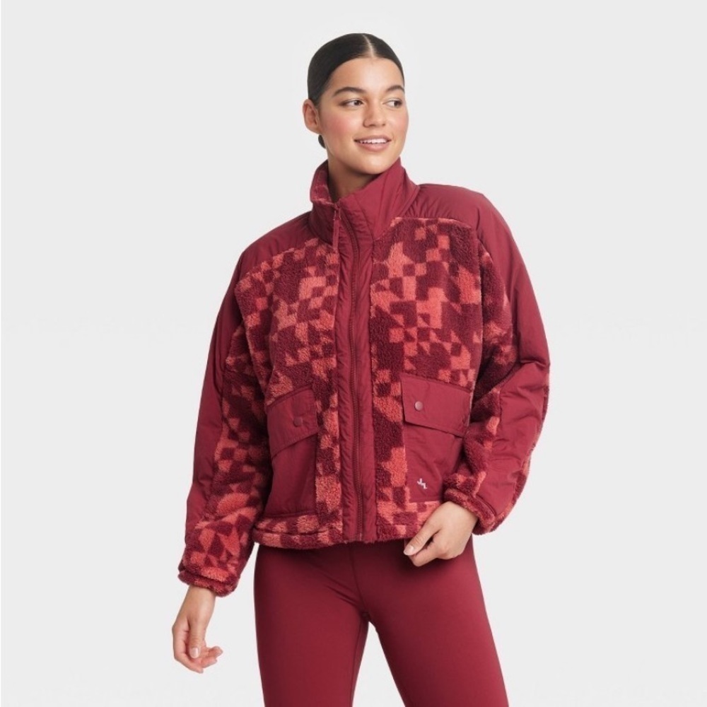 Women's Printed High Pile Fleece Jacket - JoyLab™ Wine Red new - Picture 2 of 7